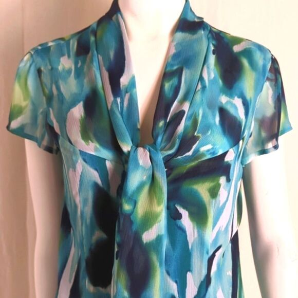 Jones New York Blouse Summer Chiffon Aqua Print  Size 12P - Picture 2 of 6